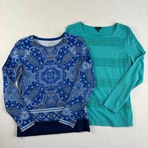 Talbots Tee Bundle Long Sleeve Cotton Paisley Embroidered Blue Women's Small